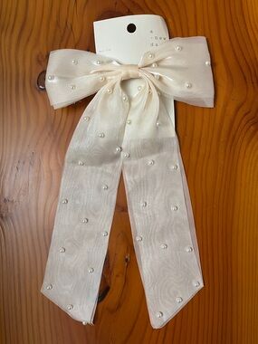 Pearl-Embellished Sheer Ribbon Bow Hair Clip